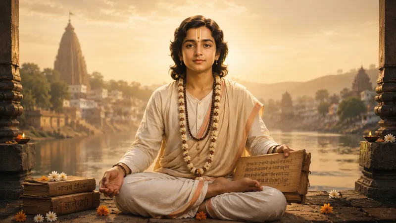 Sant Jnaneshwar seated in meditation with sacred scriptures, inspiring wisdom, devotion and spiritual insight.