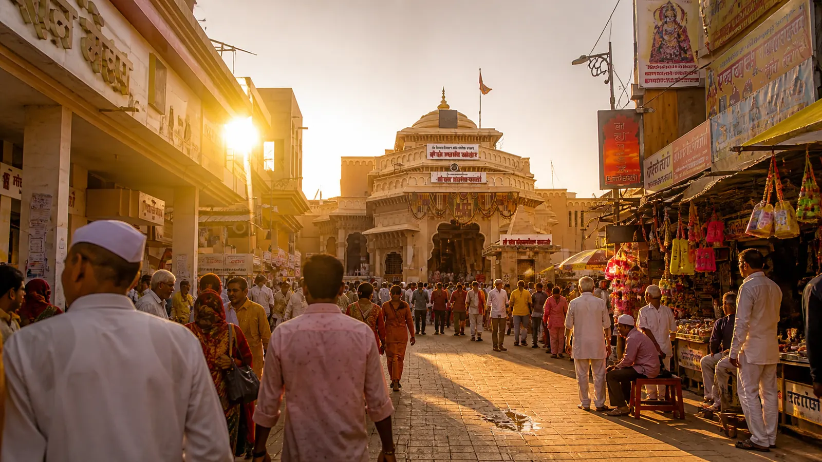 Pilgrims walking toward the sacred Shree Vitthal Rukmini Temple at sunset, inviting a journey of devotion, faith and inner awakening.