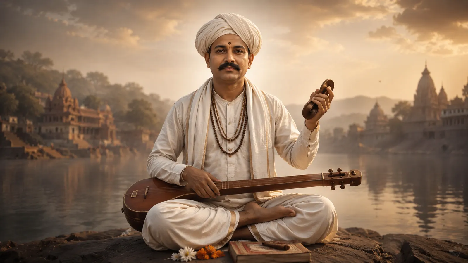 Sant Tukaram holding his cymbals and tanpura beside a sacred river, inviting devotion through poetry, music and remembrance of God.