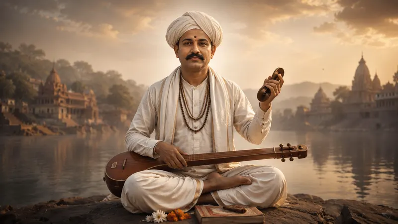 Sant Tukaram holding his cymbals and tanpura beside a sacred river, inviting devotion through poetry, music and remembrance of God.