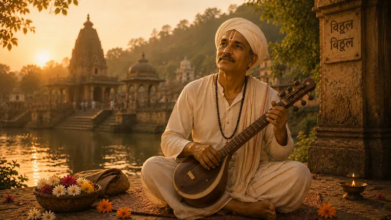 Namdev seated in meditation beside a sacred temple, holding a tanpura as he sings devotional hymns at sunset.
