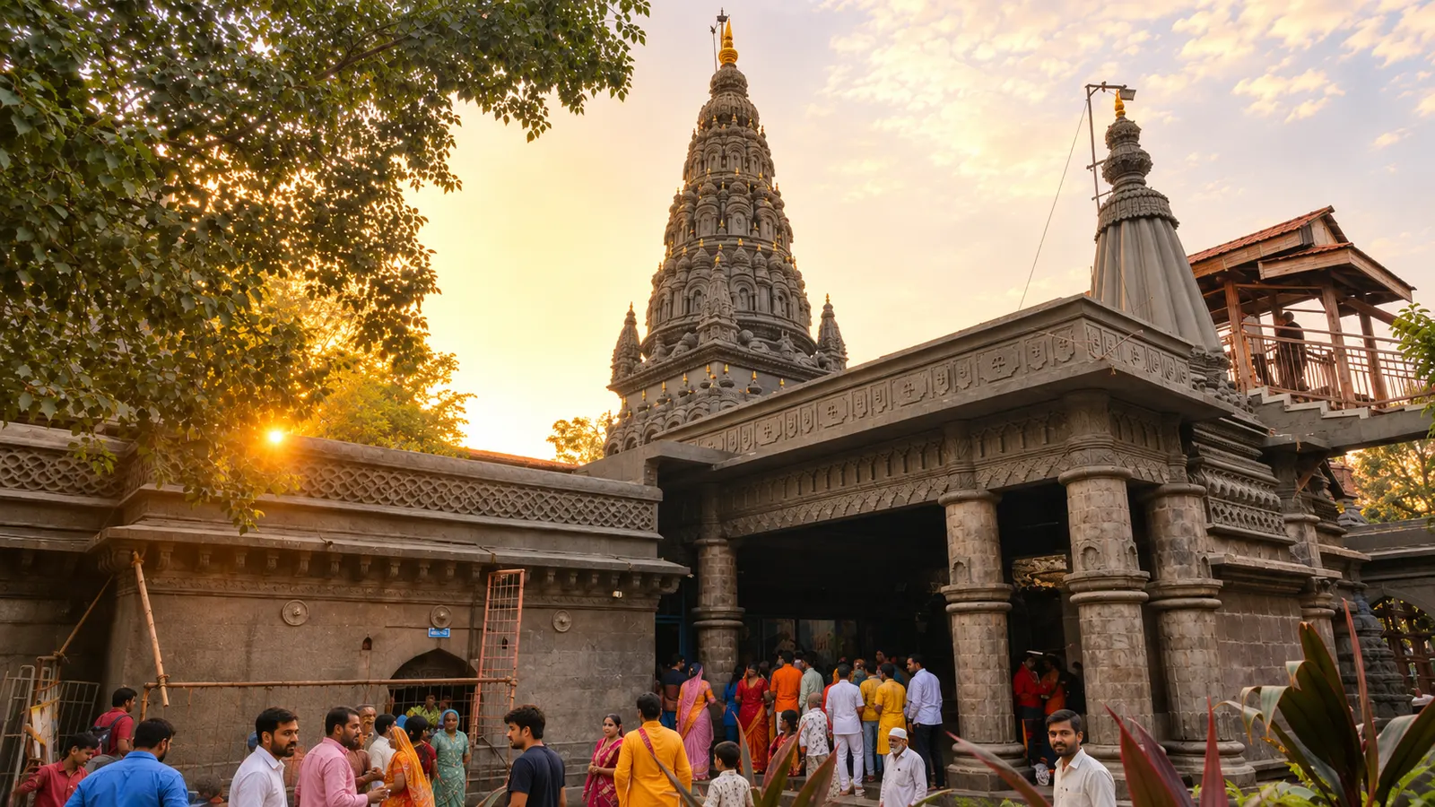Sant Dnyaneshwar Maharaj Samadhi Mandir in Alandi, Maharashtra, illuminated by the warm light of sunset, with pilgrims gathered at the entrance of the intricately carved stone temple.