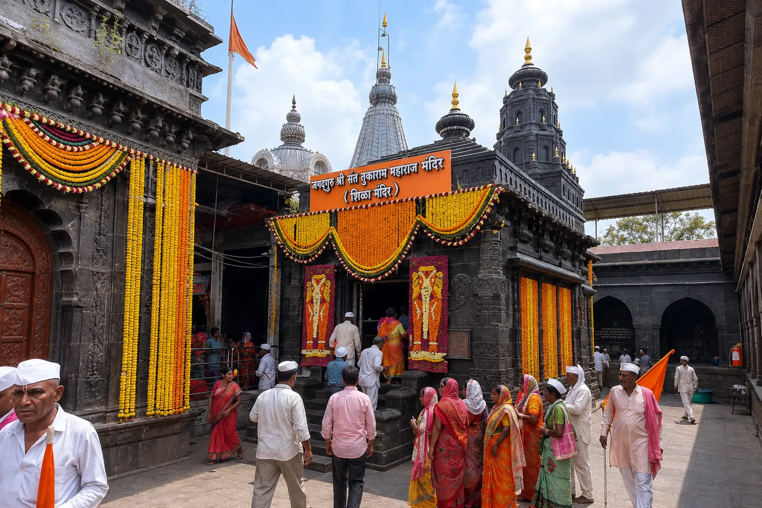 Devotees approaching the flower-decorated Shila Mandir of Sant Tukaram Maharaj in Dehu