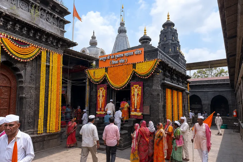 Devotees approaching the flower-decorated Shila Mandir of Sant Tukaram Maharaj in Dehu