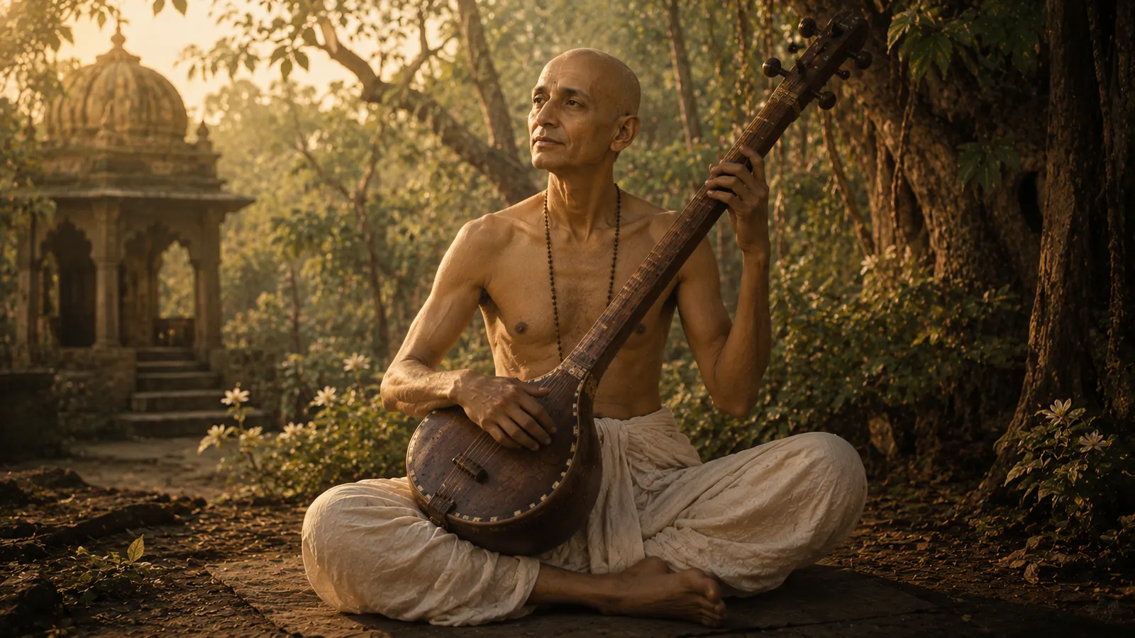 Swami Haridas seated in a Vrindavan forest, playing a tanpura in quiet devotion.